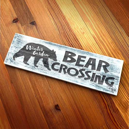 Winter Garden Bear Crossing - Handcrafted Artisan Wood Sign