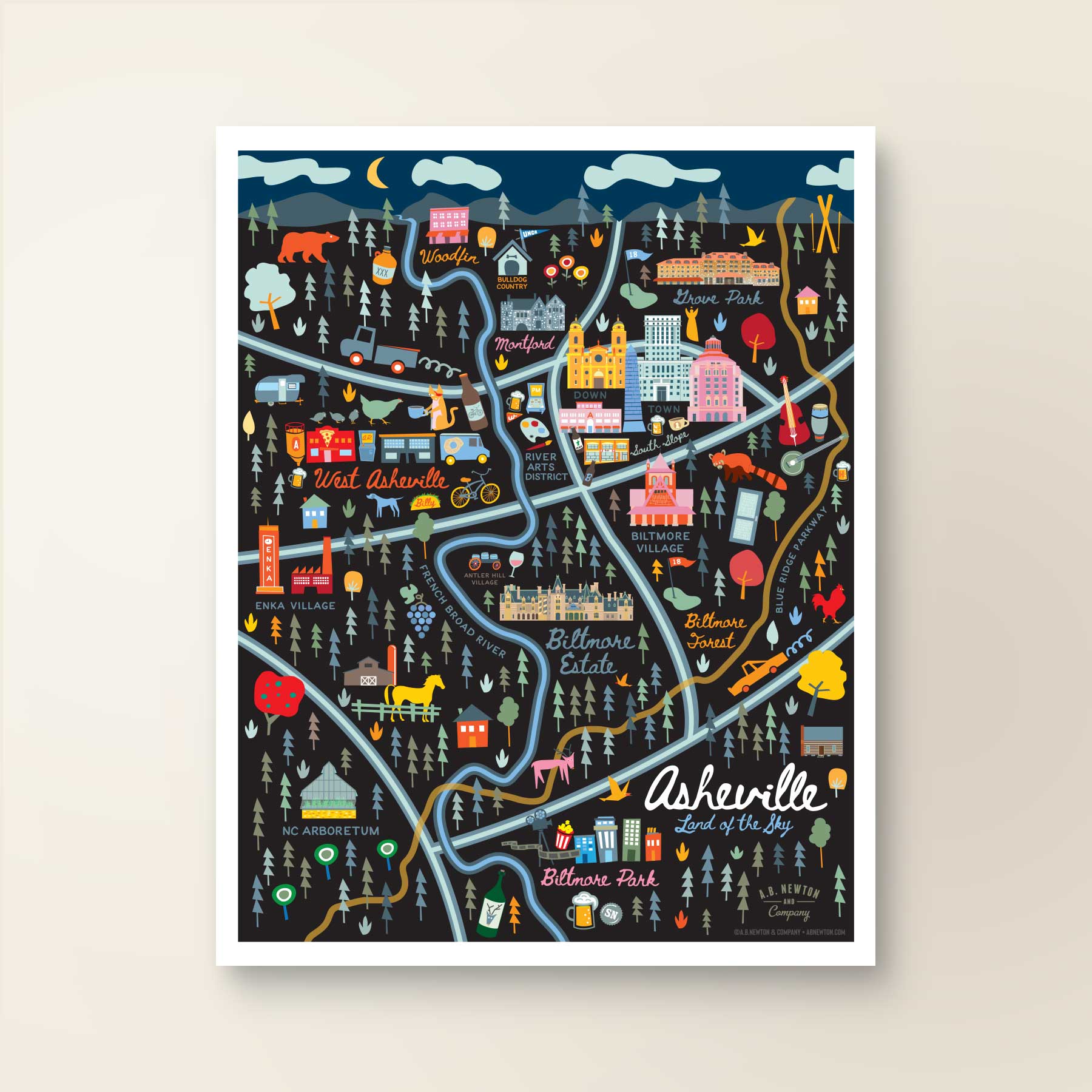 City of Asheville North Carolina | Area Map Art Print - A. B. Newton and Company