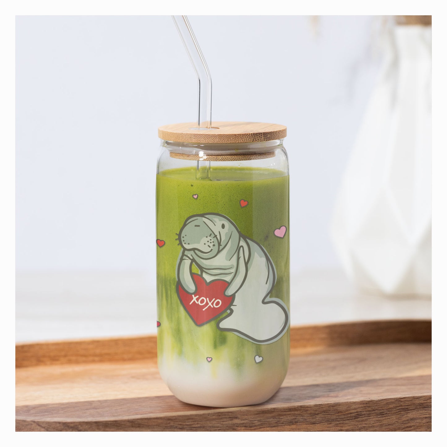 Love You Lots Manatee | Clear 16oz Glass with lid and straw