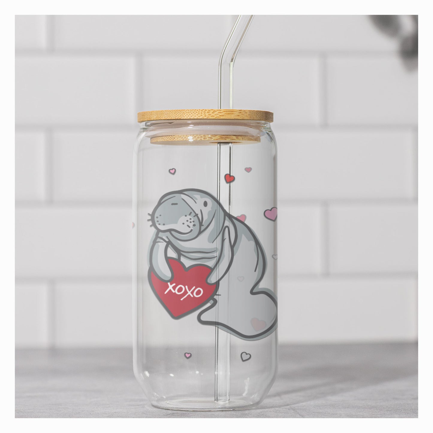 Love You Lots Manatee | Clear 16oz Glass with lid and straw