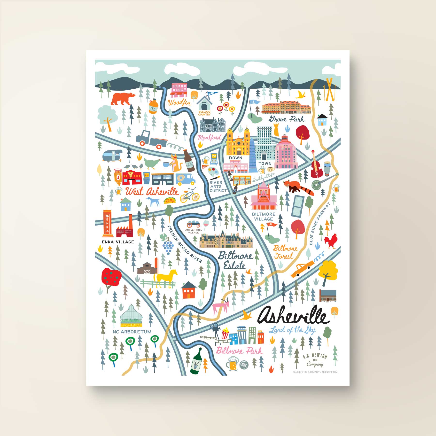City of Asheville North Carolina | Area Map Art Print - A. B. Newton and Company