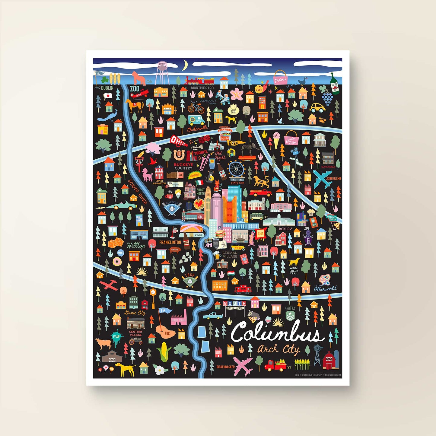 City of Columbus Ohio | Area Map Art Print - A. B. Newton and Company